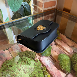 VERSACE Black Medusa Grained Calfskin Flap Shoulder Bag