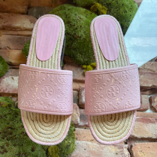 TORY BURCH Pink T Monogram Espadrille Slides SZ 6.5