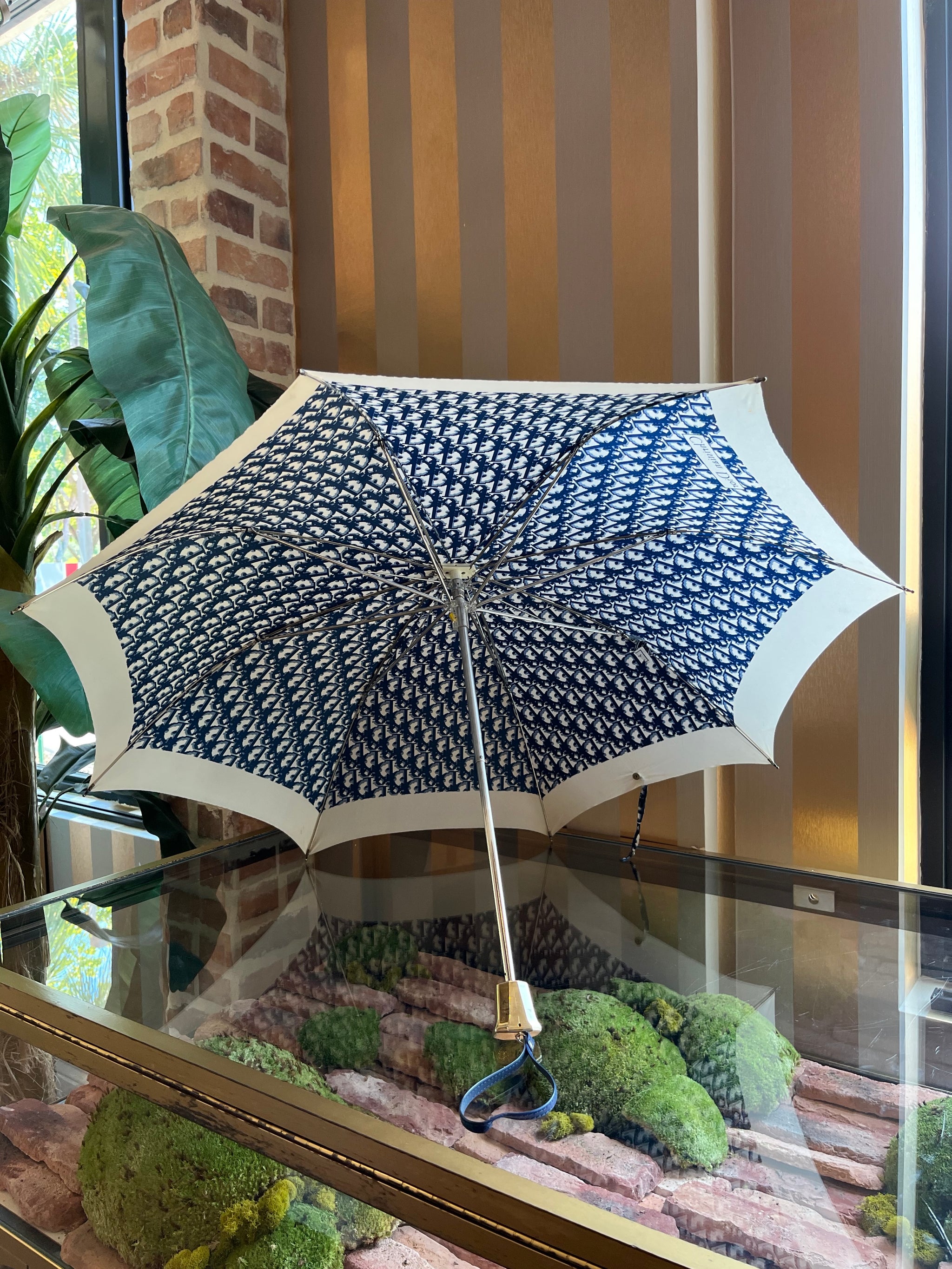 CHRISTIAN DIOR Navy Blue Oblique Collapsible Nylon Umbrella