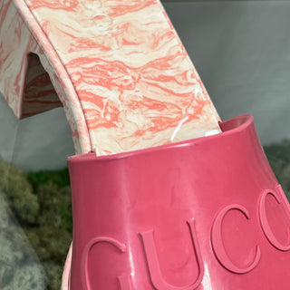 GUCCI Pink Wild Rose Shiny Rubber Logo Platform Slide Sandals SZ39(9US)