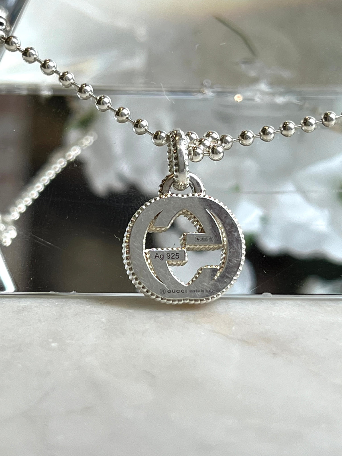 GUCCI 925 Sterling Silver Interlocking GG Pendant Necklace
