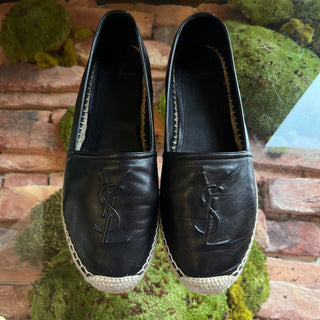 SAINT LAURENT Black Lambskin Leather YSL Espadrilles SZ 37.5 (US 7.5)