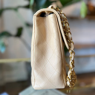 CHANEL Vintage Square Jumbo Beige Caviar Single Flap Shoulder Bag