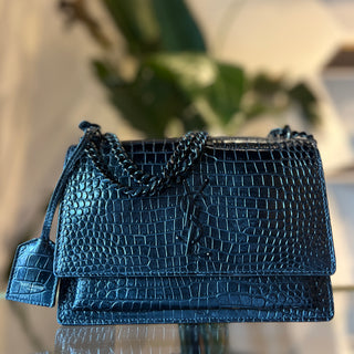 SAINT LAURENT Medium Monogram Sunset Black Crocodile Embossed Calfskin Shoulder Bag