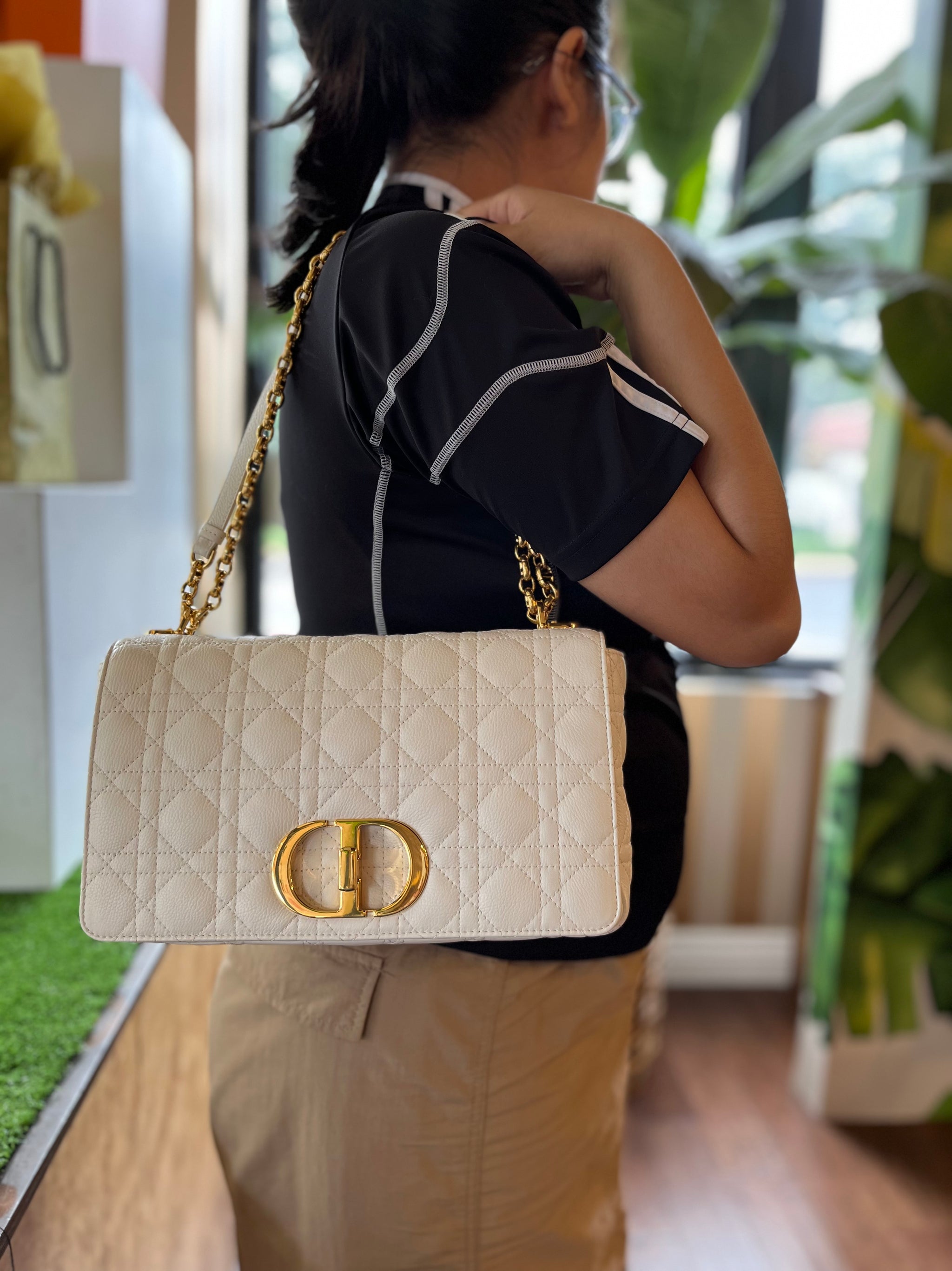 Dior, Bags, Dior Caro Handbag White Leather Medium Size Gold Chain
