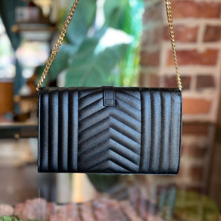 SAINT LAURENT Envelope Wallet On Chain Black Triquilt Grain De Poudre Leather Crossbody