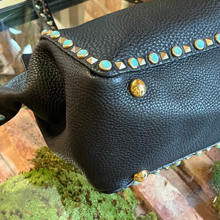 VALENTINO Small Trapeze Black Pebbled Leather Turquoise Rockstud Tote Bag