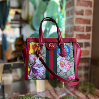 GUCCI Ophidia Small Red GG Supreme Monogram Flora Web Tote Bag