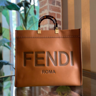 FENDI Sunshine Shopper Large Brown Smooth Calfskin Embossed Leather Tote