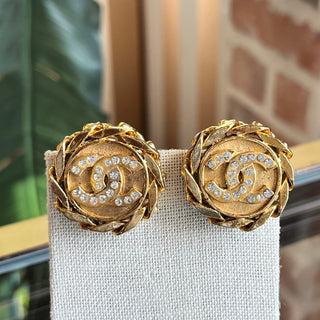 CHANEL Vintage Coco Mark Rhinestone Clip On Earrings