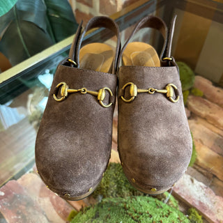 GUCCI Horsebit Accent Suede Slingback Pumps 36