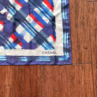 CHANEL Abstract Print Blue White Silk Scarf