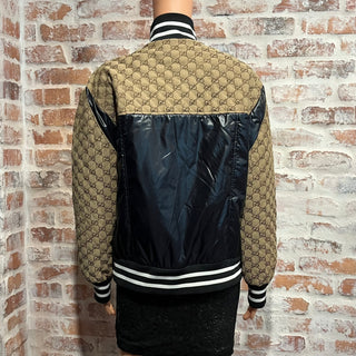 GUCCI Beige GG Monogram Canvas Black Nylon Zipper Striped Jacket SZSM