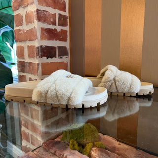 PRADA Beige Leather Shearling Slides SZ 37 (US 7)