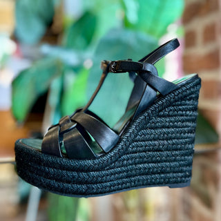 SAINT LAURENT Tribute Black Leather Espadrille Wedges SZ 39