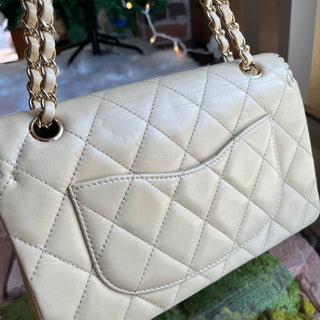 CHANEL Single Flap Whipstitch Beige Lambskin Shoulder Bag