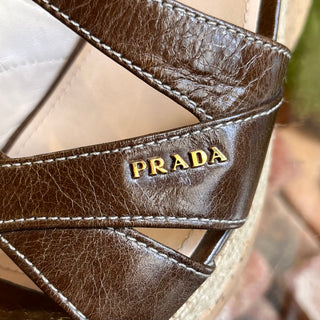 PRADA Strappy Brown Leather Cork Espadrilles SZ 38 (US 8)