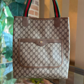 GUCCI Sherry Line Beige Brown GG Supreme Coated Canvas Vintage Web Tote Bag