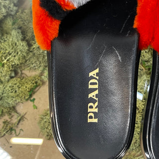 PRADA Orange Multicolor Shearling Slide Sandals SZ37.5(7.5US)