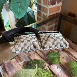 GUCCI Beige GG Monogram Canvas Double Pocket Belt Bag