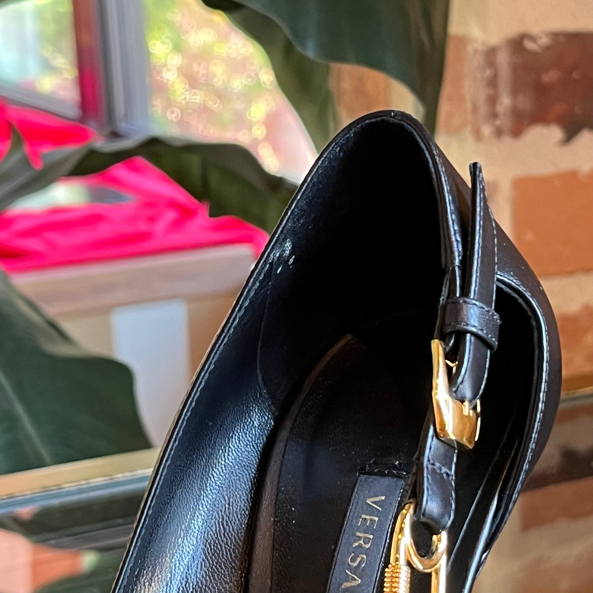 VERSACE Black Leather Safety Pin Pumps SZ38.5