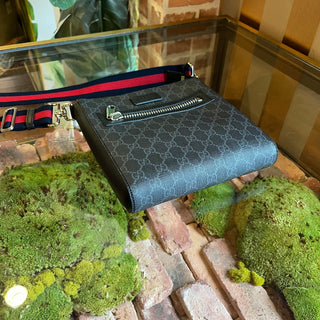 GUCCI Small Flat Messenger Black Grey GG Supreme Monogram Web Bag