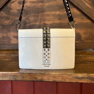 PRADA Small Elektra White Saffiano City Calfskin Studded Crossbody Bag