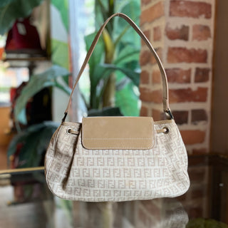 FENDI Medium Drawstring Flap Zucca Canvas Leather Hobo Bag