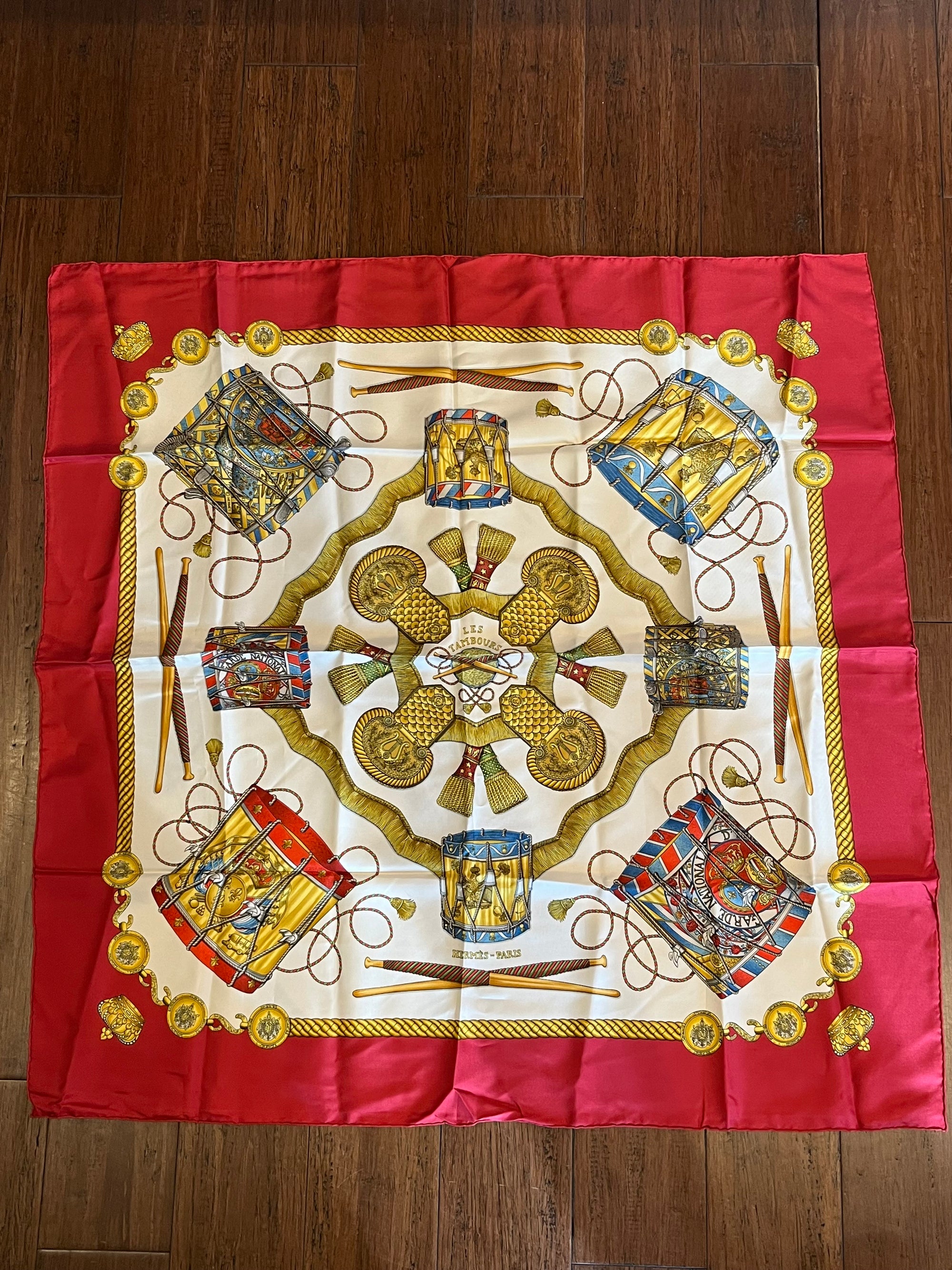 Hermes Red Silk Les Tambours Trim National Guard Scarf