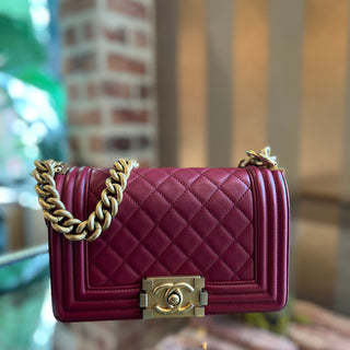 CHANEL Dark Red Lambskin Leather Small Boy Bag