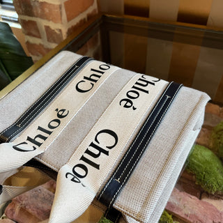 CHLOE Woody Logo Strap Linen Tote