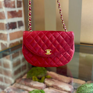 CHANEL Red Leather Half Moon Flap Bag