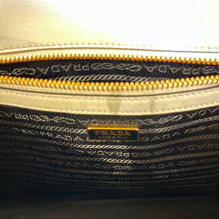 PRADA Medium Logo Embossed White Saffiano Lux Leather Shoulder Tote