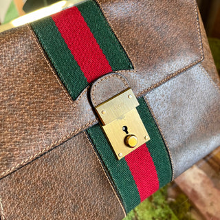 GUCCI Sherry Line Brown Leather Web Vintage Clutch Bag