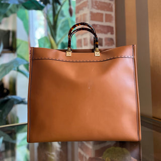 FENDI Sunshine Shopper Large Brown Smooth Calfskin Embossed Leather Tote