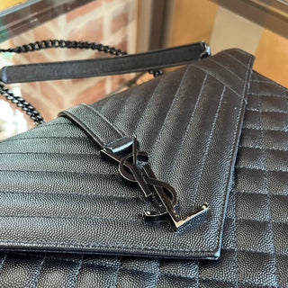 SAINT LAURENT Triquilt Large Black on Black Grain De Poudre Leather Shoulder Bag