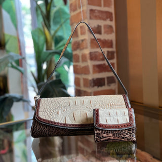 BRAHMIN Brown Vintage Croc Embossed Leather East West Shoulder Bag