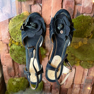 CHANEL Denim Camellia Cork Wedges SZ38.5(8.5US)