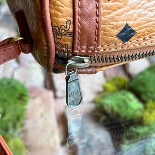 MCM Cognac Visetos Tan Canvas Barrel Crossbody Bag