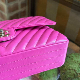 CHANEL Double Flap Medium Dark Pink Lambskin Chevron Quilted Shoulder Bag