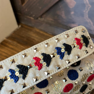 VALENTINO Embroidered Sequin Linen Canvas Rockstud Crossbody