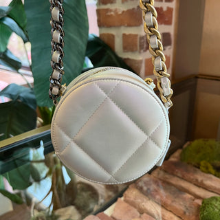 CHANEL 19 Mini Round White Iridescent Leather Shoulder Bag