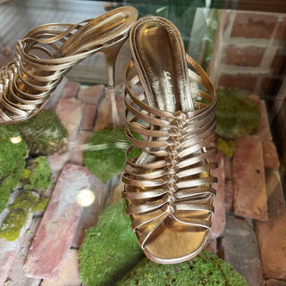 FERRAGAMO Jessa Metallic Gold Leather Caged Heels SZ 6