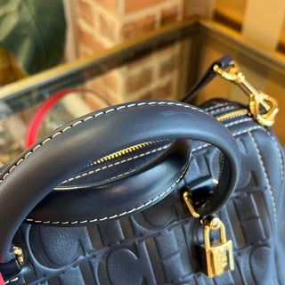 CAROLINA HERRERA Boston Navy Blue Embossed Leather Satchel Bag