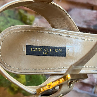 LOUIS VUITTON Caramel Patent Leather Checkers Espadrille Wedge Sandals SZ38.5(8.5US)