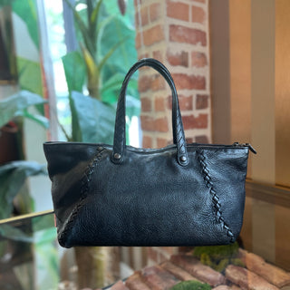 BOTTEGA VENETA Black Leather Intrecciato Trim Tote Bag