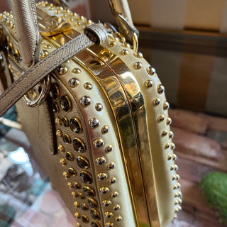 PRADA Pyramid Studded Gold Saffiano Lux Leather Satchel