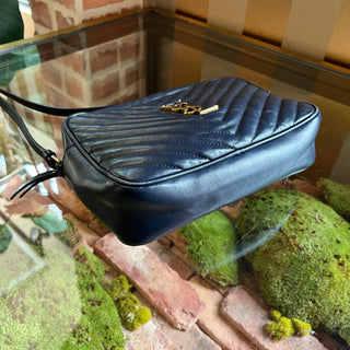 SAINT LAURENT Lou Navy Blue Calfskin Matelasse Monogram Crossbody Bag