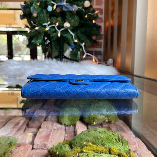 CHANEL Large Gusset Flap Blue Caviar Quilted Wallet