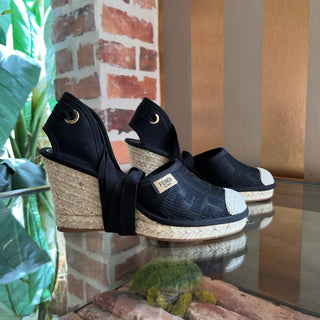FENDI FF Black Embroidered Canvas Ankle Tie Espadrille Wedges SZ 35 (US 5)